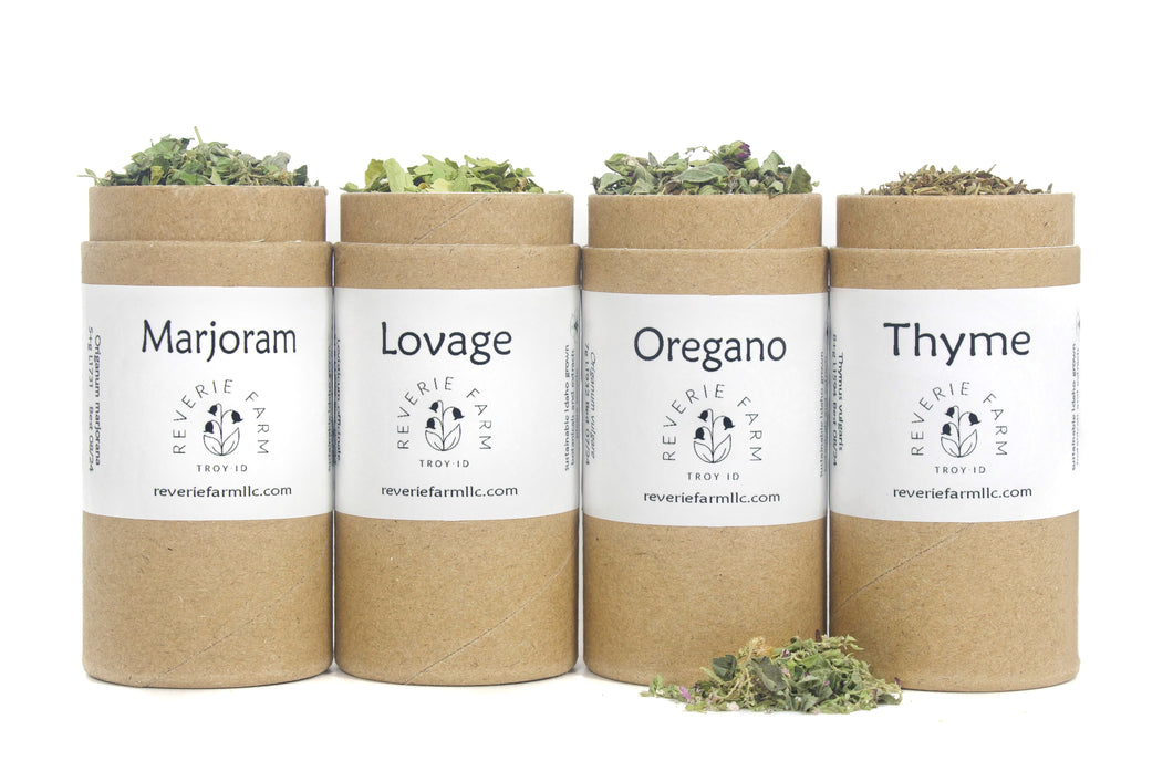 Herbal Sampler Gift- Culinary: Oregano, Thyme, Lovage, Marjoram, eco-friendly recyclable organically grown on farm