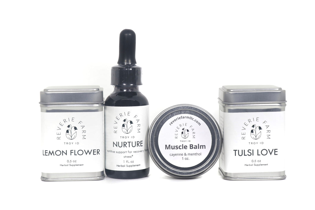 Herbal Wellness Gift, GIft Tin to Pamper and Ease with Nurture Tincture Blend, Muscle Balm & Organic Herbal Teas