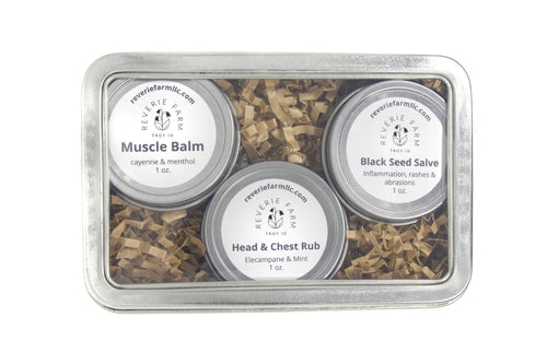 Herbal Salve Gift Tin- Black Seed, Herbal Chest Rub and Muscle Balm salves, fresh organic herbs